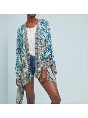 Anthropologie boho coastal kimono with asymmetrical hem. Blue green color OS